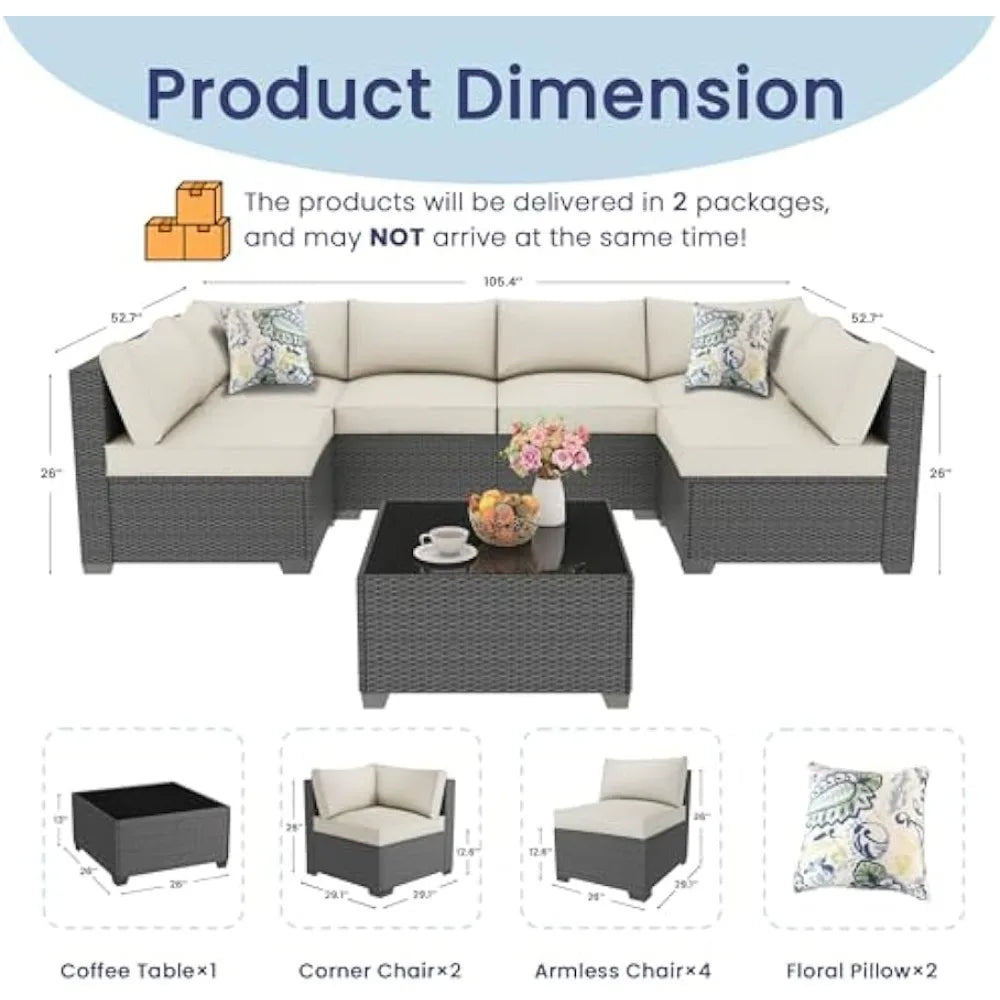 7-Piece Outdoor Patio Furniture Set – Rattan & Wicker Sectional Sofa