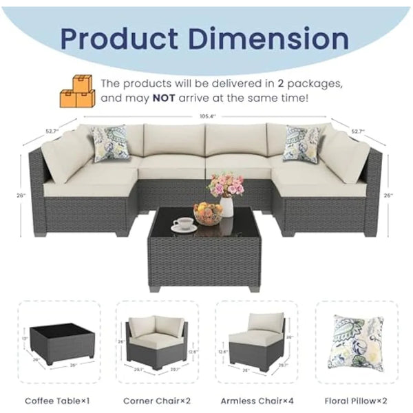 7-Piece Outdoor Patio Furniture Set – Rattan & Wicker Sectional Sofa