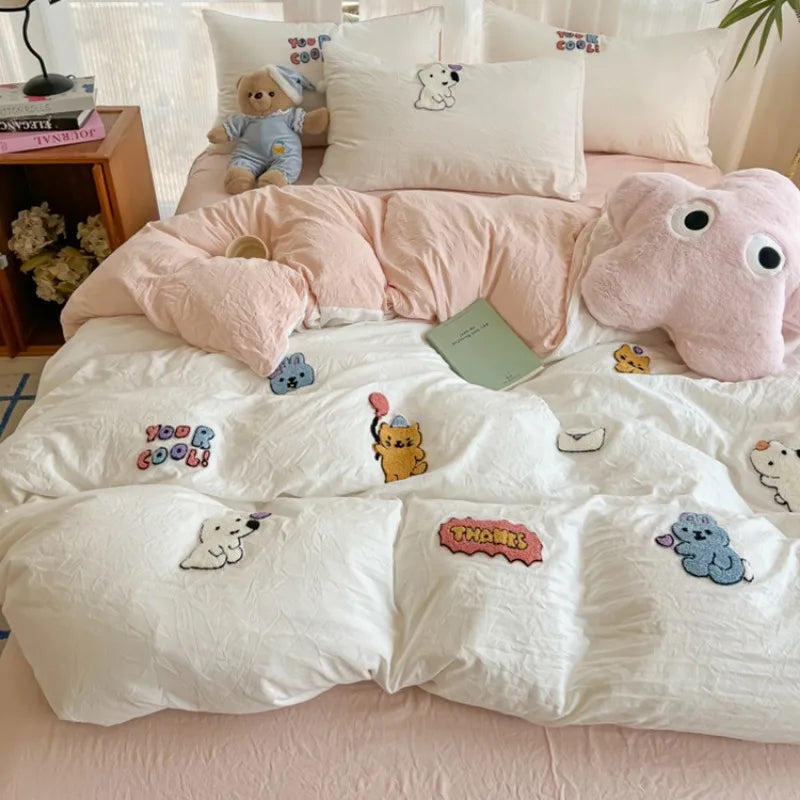 Cotton Towel Embroidery Bedding Set – Animal Paradise Design