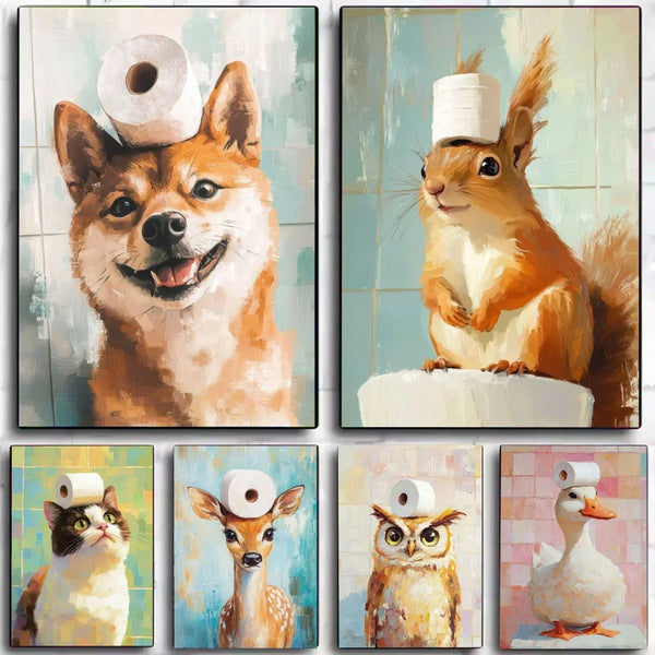 Cute Animal Canvas – Cat & Car Toilet Wall Art for Game Room
