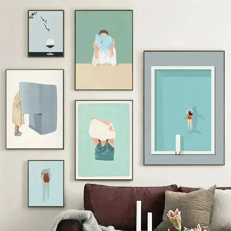 Nordic Beach Canvas – Minimalist Swim & Wine Wall Art Print
