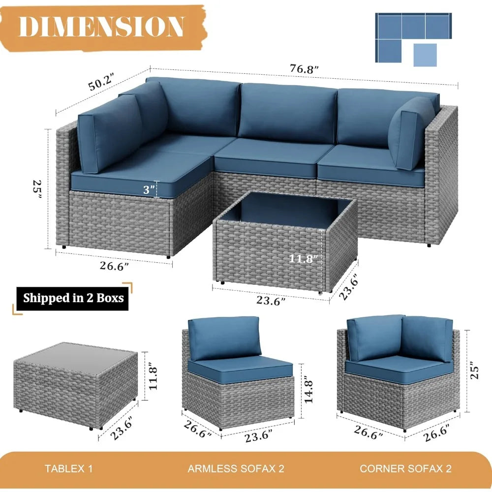 5-Piece Outdoor Patio Furniture Set – Gray PE Wicker Sectional Sofa