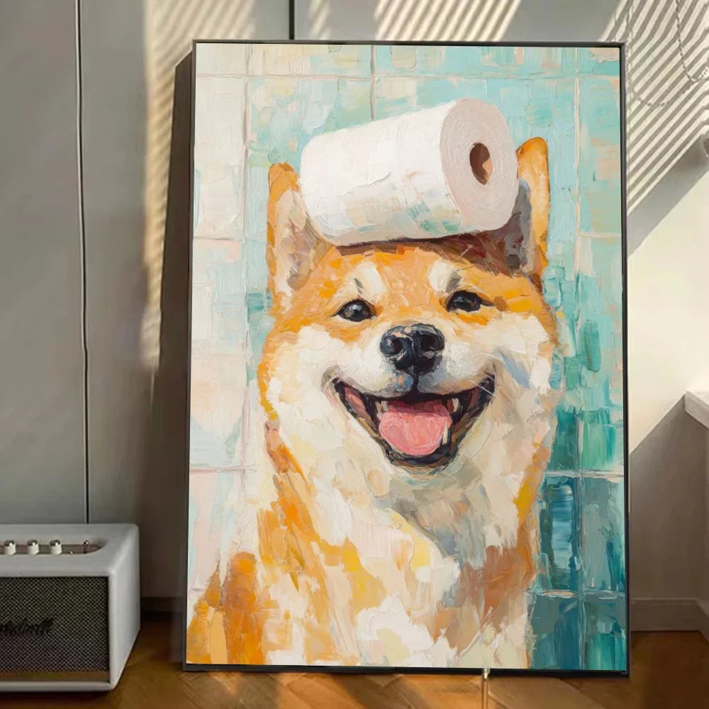Cute Animal Canvas – Cat & Car Toilet Wall Art for Game Room