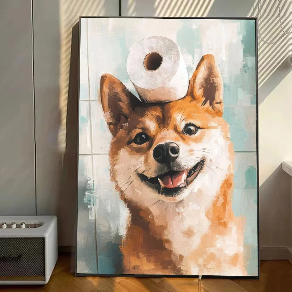 Cute Animal Canvas – Cat & Car Toilet Wall Art for Game Room