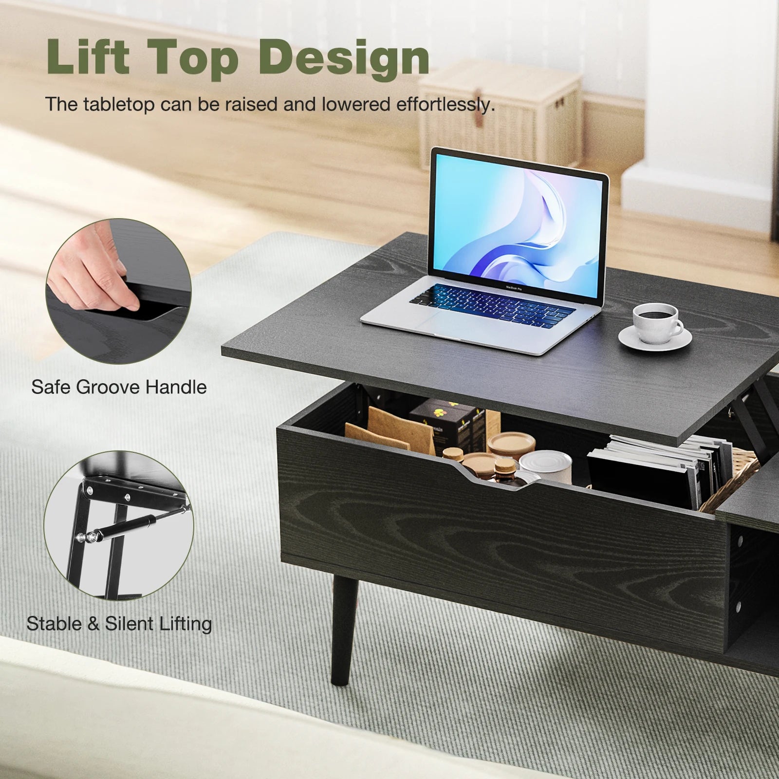 JHK Lift-Top Coffee Table – Adjustable Storage Living Room Desk