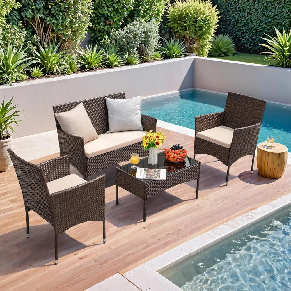 4-Piece Outdoor Patio Furniture Set – Rattan Wicker Chairs