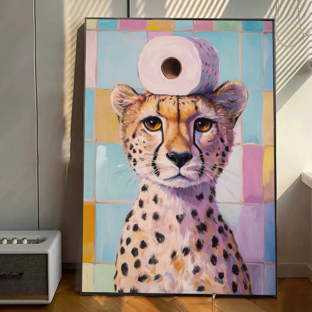 Cute Animal Canvas – Cat & Car Toilet Wall Art for Game Room