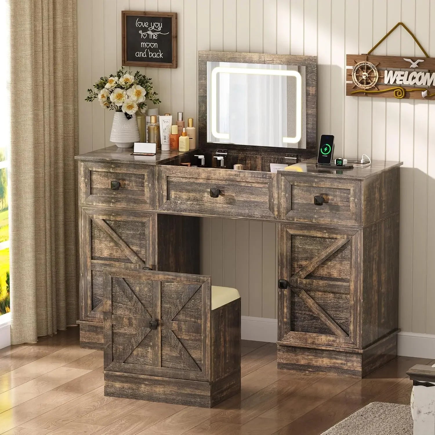 3-in-1 LED Vanity Desk – Makeup Set with Mirror & Charging Station