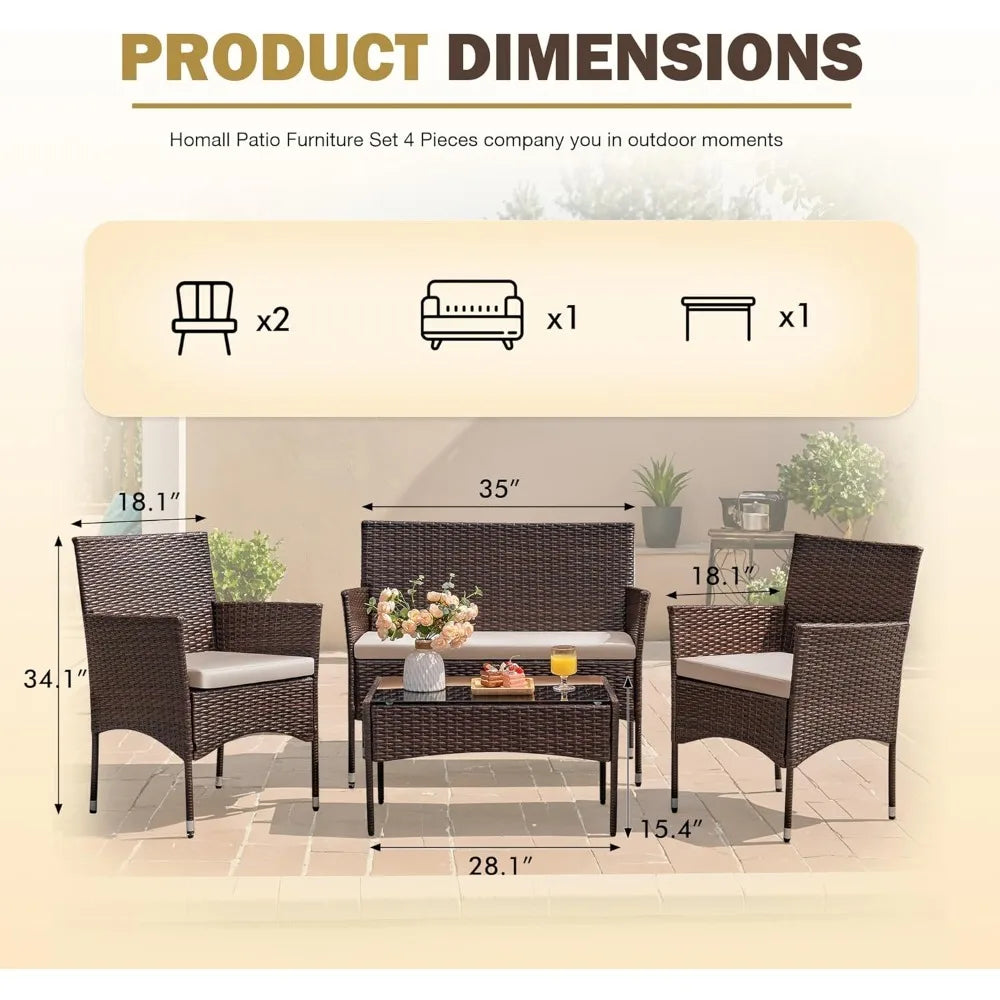 4-Piece Outdoor Patio Furniture Set – Rattan Wicker Chairs