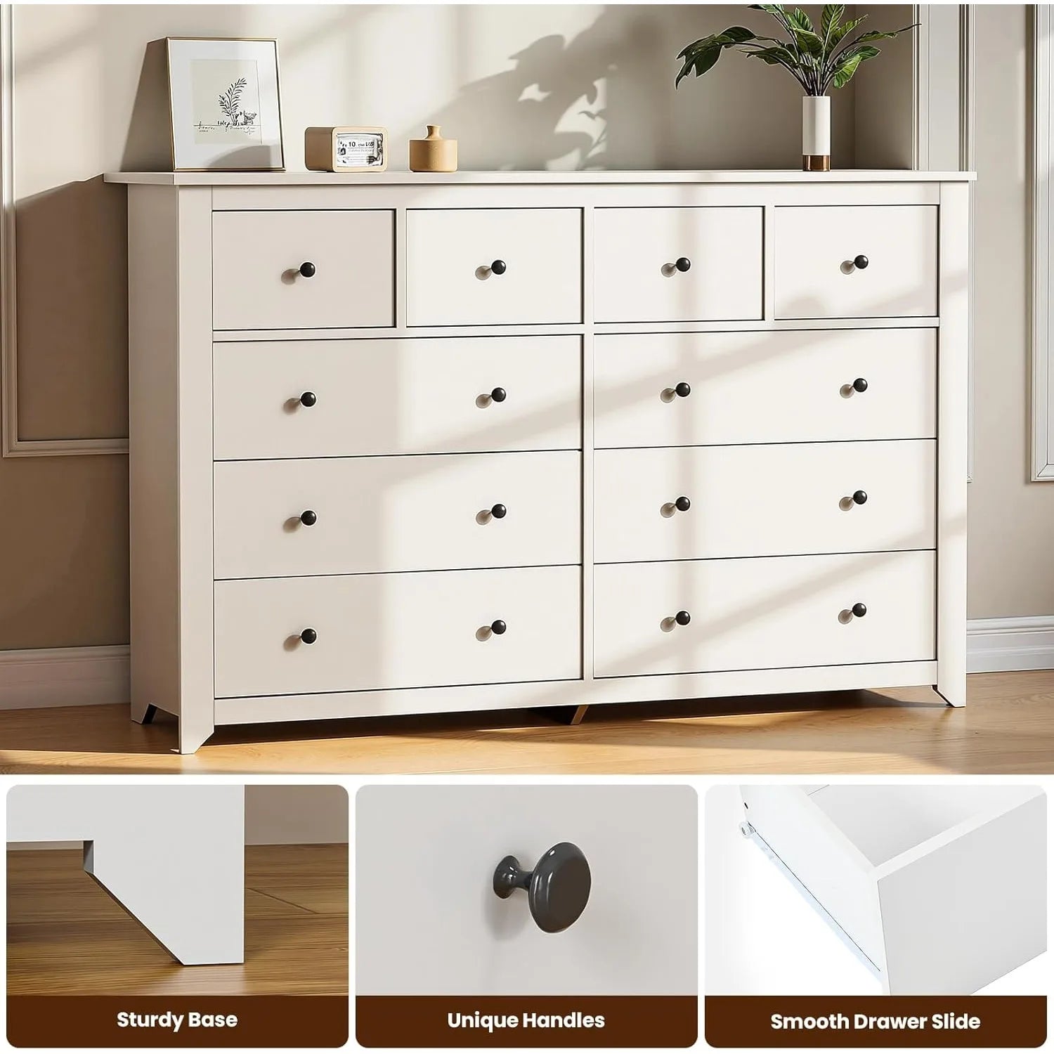 White 10-Drawer Dresser – 52" Wide Wooden Storage Cabinet
