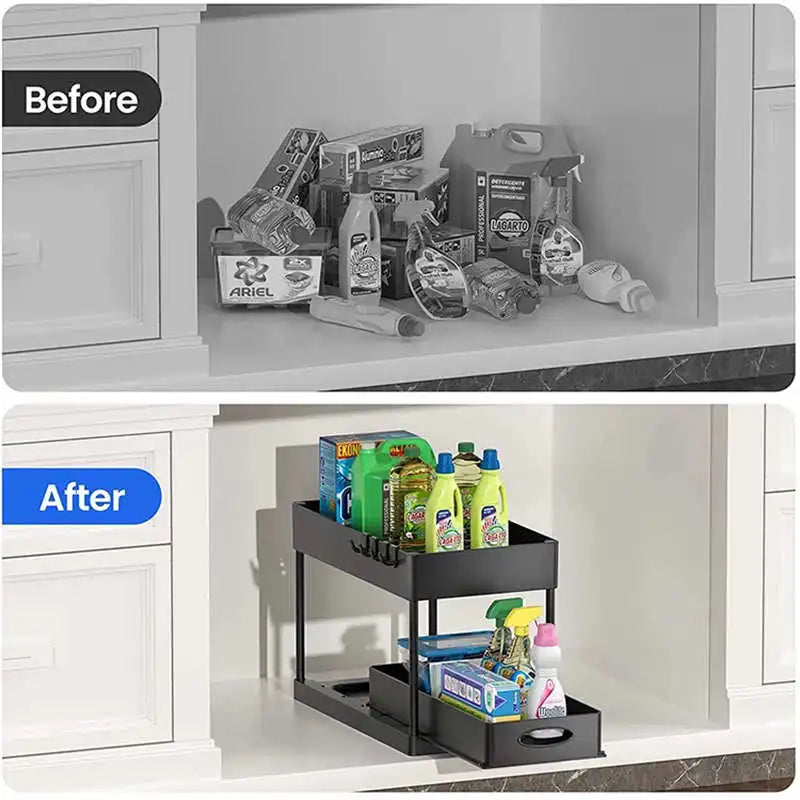 2-Tier Under Sink Sliding Organizer – Hanging Cabinet Storage Rack